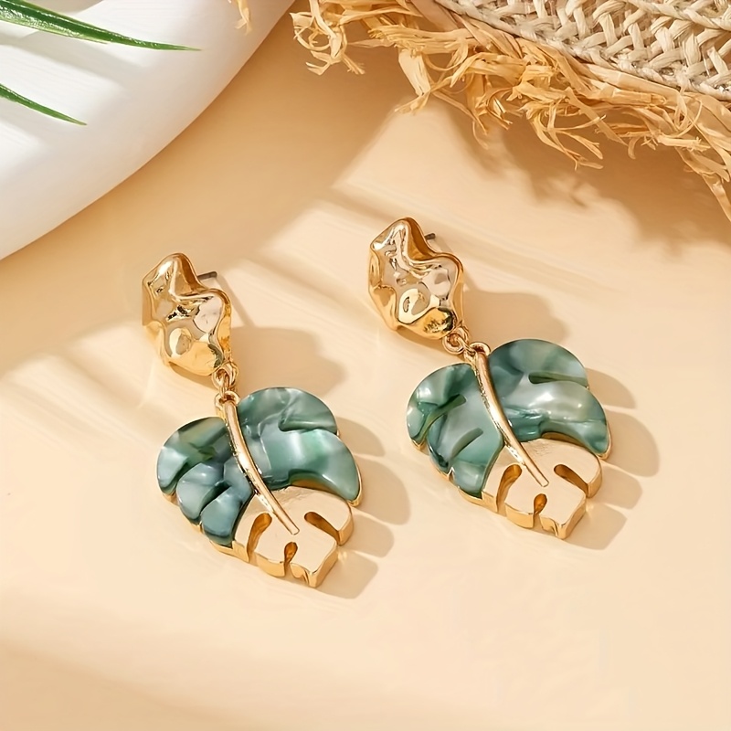 Elegant Bohemian Leaf Drop Earrings, Plated Acrylic Teardrop